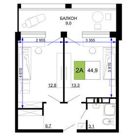 Квартира 44,9 м², 2-комнатные - изображение 1