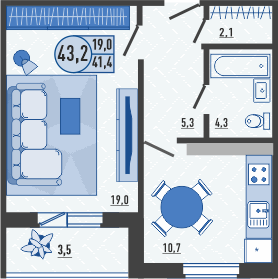 Квартира 43,2 м², 1-комнатная - изображение 1