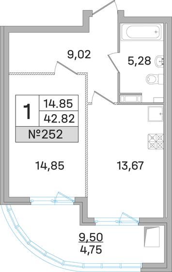 42,8 м², 1-комнатная квартира 9 000 200 ₽ - изображение 1