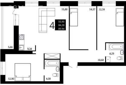 Квартира 90 м², 4-комнатная - изображение 1