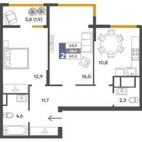 Квартира 60,2 м², 2-комнатная - изображение 1