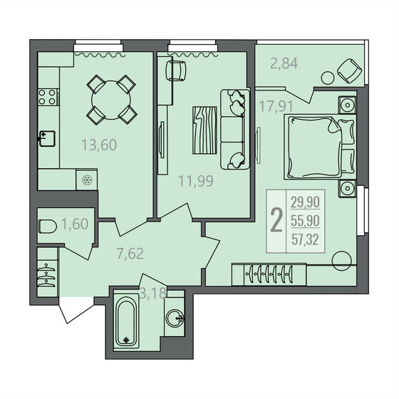57,3 м², 2-комнатная квартира 5 789 320 ₽ - изображение 1