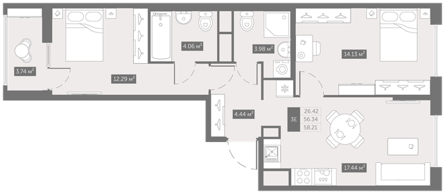 Квартира 58,2 м², 2-комнатная - изображение 1