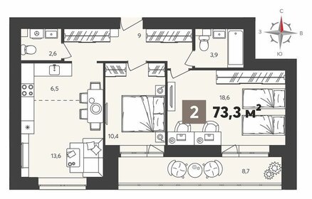 Квартира 73,3 м², 2-комнатная - изображение 1