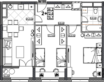 Квартира 75,7 м², 2-комнатная - изображение 1