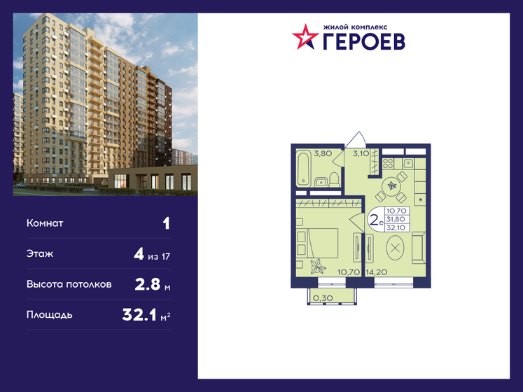 32,1 м², 1-комнатная квартира 6 477 780 ₽ - изображение 1