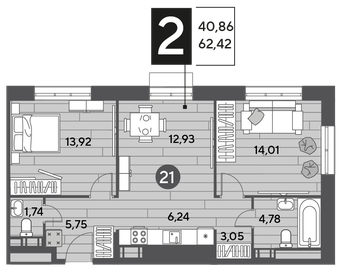 Квартира 62,4 м², 2-комнатная - изображение 1