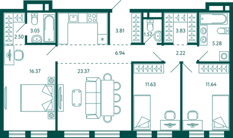 Квартира 92,2 м², 3-комнатная - изображение 1