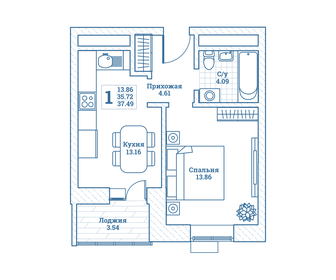 Квартира 37,5 м², 1-комнатная - изображение 1