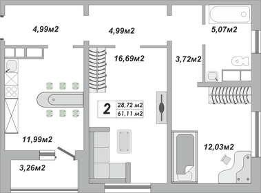 Квартира 61,1 м², 2-комнатная - изображение 1