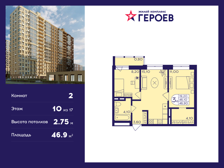 46,9 м², 2-комнатная квартира 8 960 245 ₽ - изображение 1