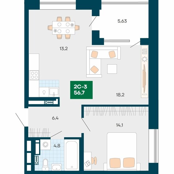 56,7 м², 2-комнатная квартира 8 800 000 ₽ - изображение 1