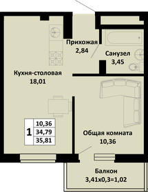 Квартира 35,8 м², 1-комнатная - изображение 1