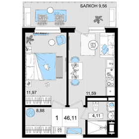 Квартира 46,1 м², 1-комнатные - изображение 1