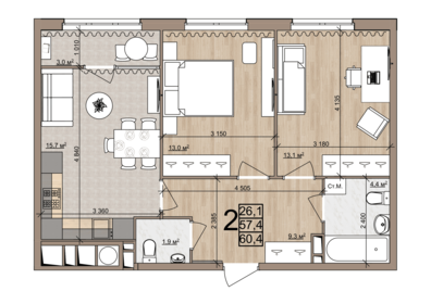 Квартира 60,4 м², 2-комнатная - изображение 1