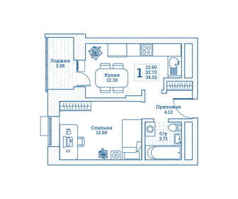 Квартира 34,5 м², 1-комнатная - изображение 1