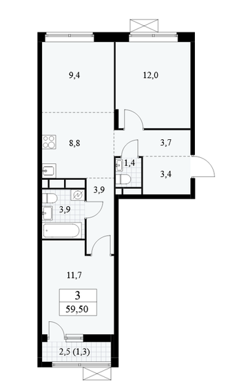 59,5 м², 3-комнатная квартира 12 846 000 ₽ - изображение 1