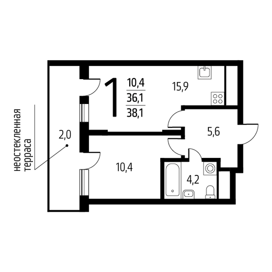 38,1 м², 1-комнатная квартира 10 290 810 ₽ - изображение 1