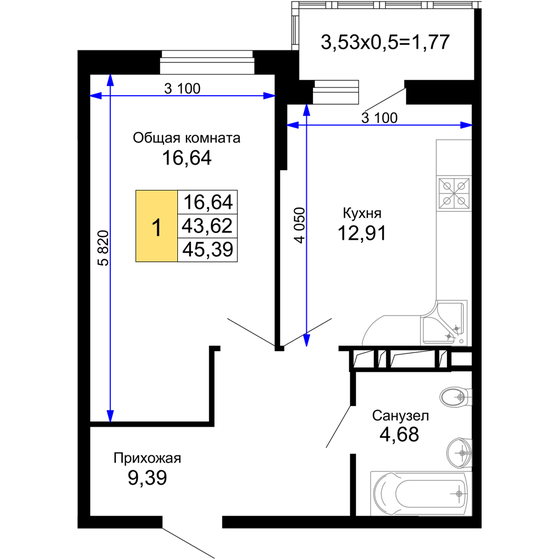 45,4 м², 1-комнатная квартира 5 719 140 ₽ - изображение 1