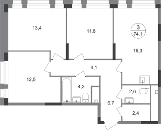 Квартира 74,1 м², 3-комнатная - изображение 1