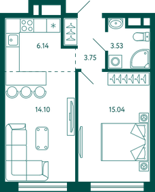 Квартира 42,6 м², 1-комнатная - изображение 1