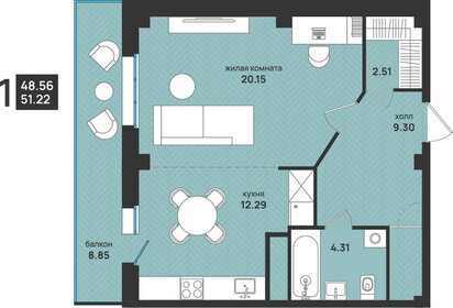 Квартира 51,2 м², 1-комнатная - изображение 1