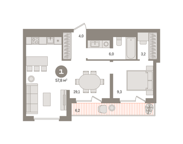 Квартира 57,8 м², 1-комнатная - изображение 1