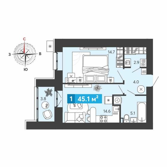 45,1 м², 1-комнатная квартира 4 069 440 ₽ - изображение 1