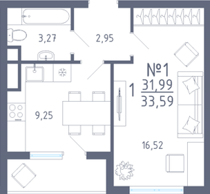 Квартира 34 м², 1-комнатная - изображение 1