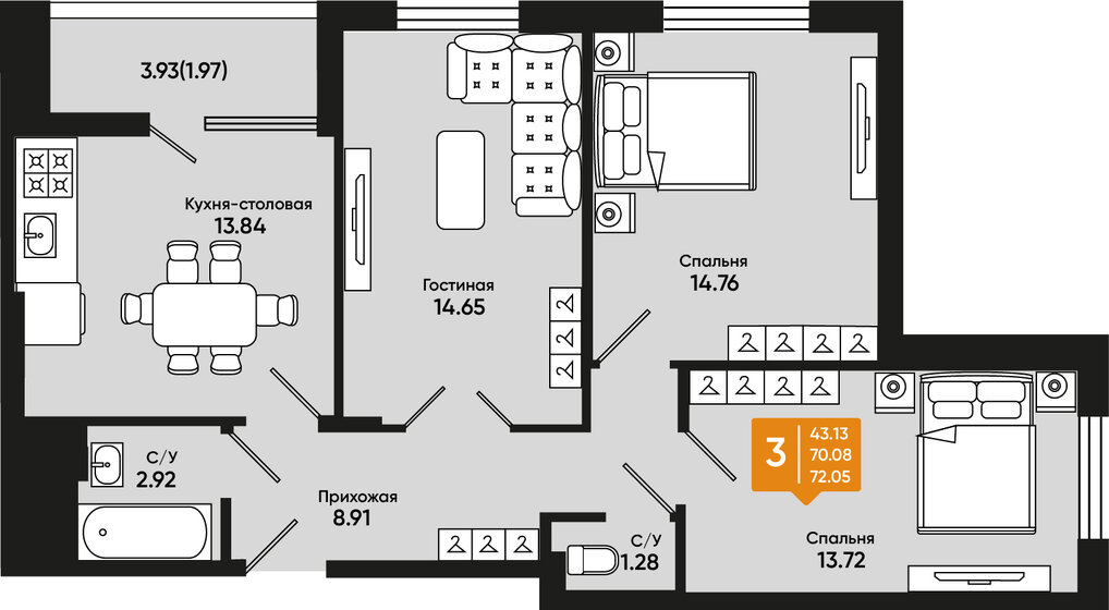72,1 м², 3-комнатная квартира 7 060 900 ₽ - изображение 1