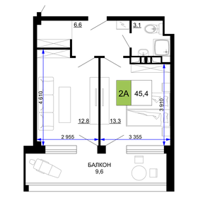 Квартира 45,4 м², 2-комнатные - изображение 1