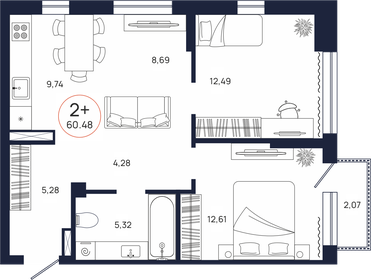 Квартира 60,5 м², 2-комнатная - изображение 1