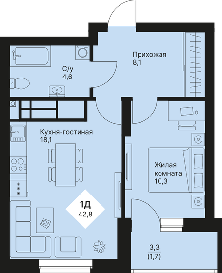42,8 м², 1-комнатная квартира 6 412 500 ₽ - изображение 1