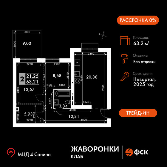 63,2 м², 2-комнатная квартира 11 346 195 ₽ - изображение 1