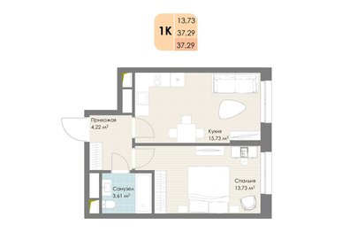 Квартира 37,3 м², 1-комнатная - изображение 3