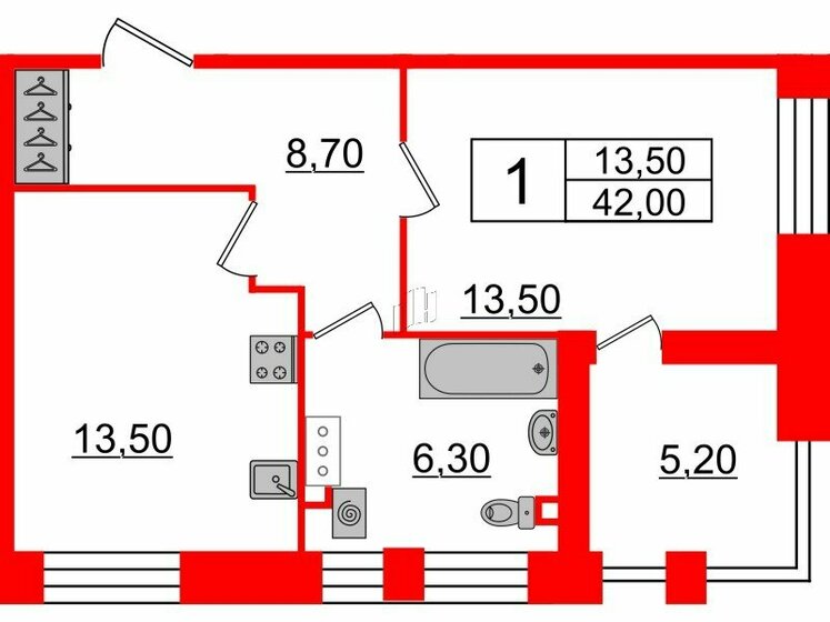 42 м², 1-комнатная квартира 18 711 000 ₽ - изображение 1