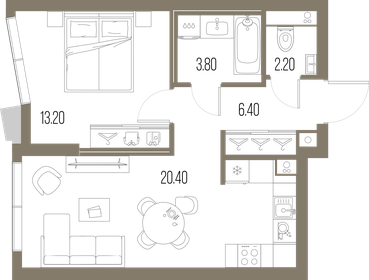 Квартира 46 м², 1-комнатная - изображение 1