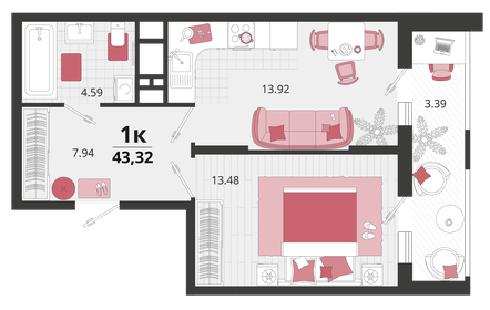 Квартира 43,3 м², 1-комнатная - изображение 1