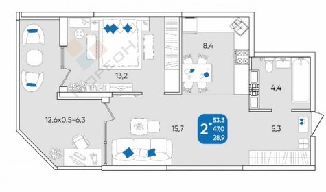 Квартира 54 м², 1-комнатная - изображение 1