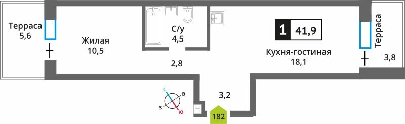 Квартира 41,9 м², 1-комнатная - изображение 1