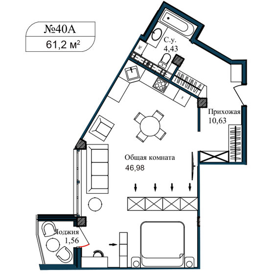 61,2 м², 2-комнатные апартаменты 12 730 000 ₽ - изображение 1