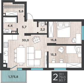 Квартира 80,7 м², 2-комнатная - изображение 1