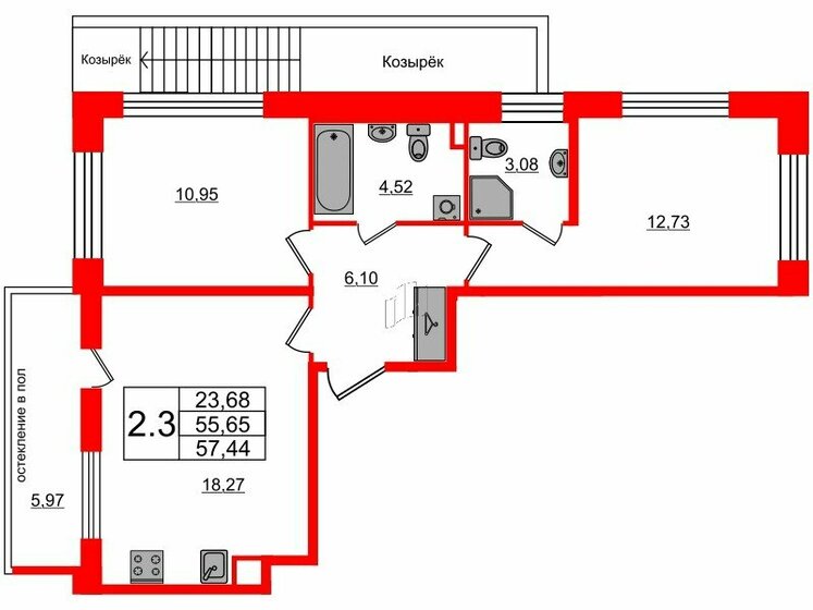 55,7 м², 2-комнатная квартира 13 650 082 ₽ - изображение 1