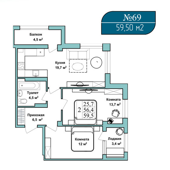 59,5 м², 2-комнатная квартира 11 900 000 ₽ - изображение 1