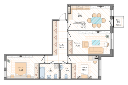 Квартира 95,7 м², 3-комнатная - изображение 1