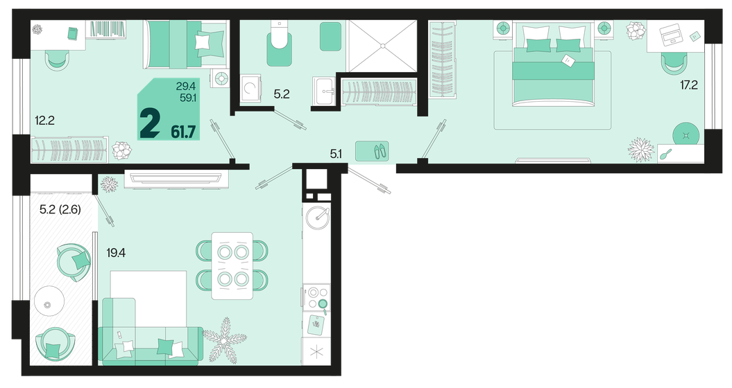 61,7 м², 2-комнатная квартира 8 705 870 ₽ - изображение 1