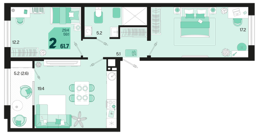 Квартира 61,7 м², 2-комнатная - изображение 1