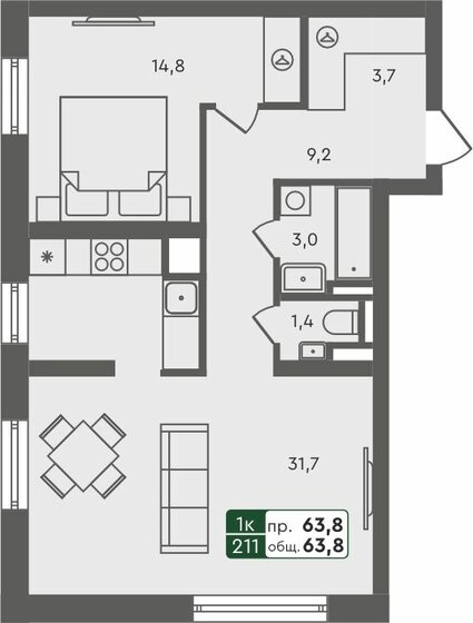 63,8 м², 1-комнатная квартира 7 260 000 ₽ - изображение 1