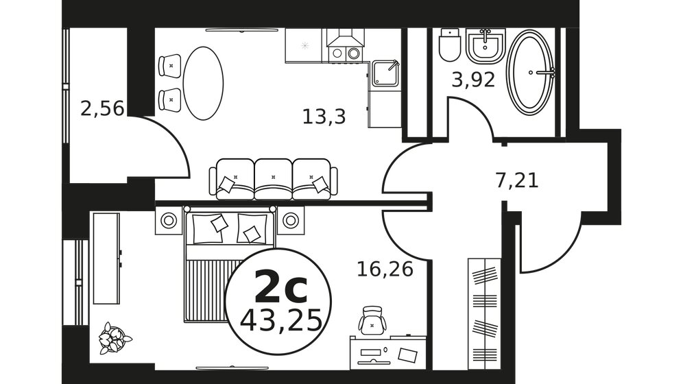 43,3 м², 2-комнатная квартира 7 360 000 ₽ - изображение 1