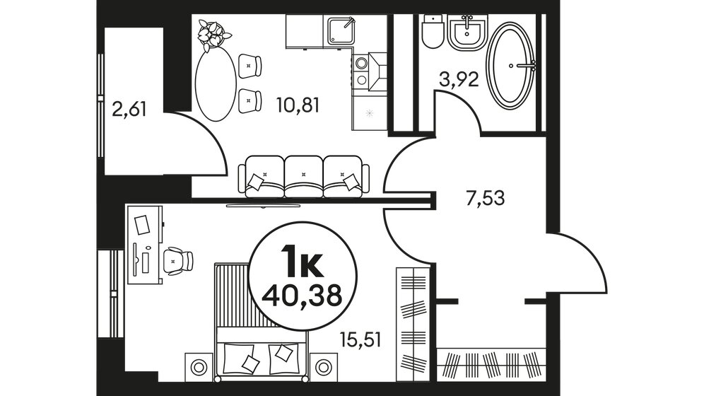 40,4 м², 1-комнатная квартира 5 740 000 ₽ - изображение 1